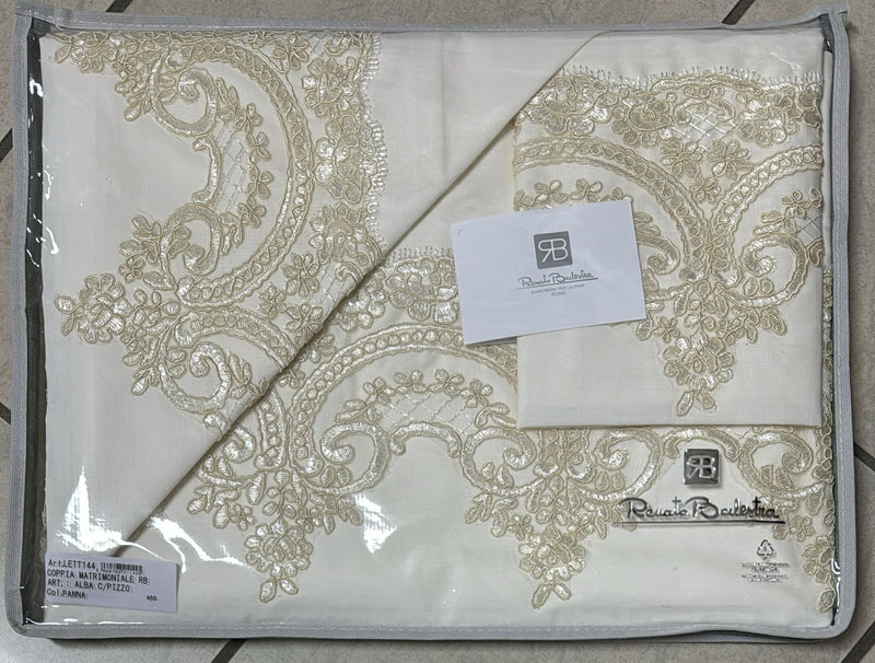 Coppia lenzuola Renato Balestra Alba  con pizzo rebrodè 100% puro cotone matrimoniale