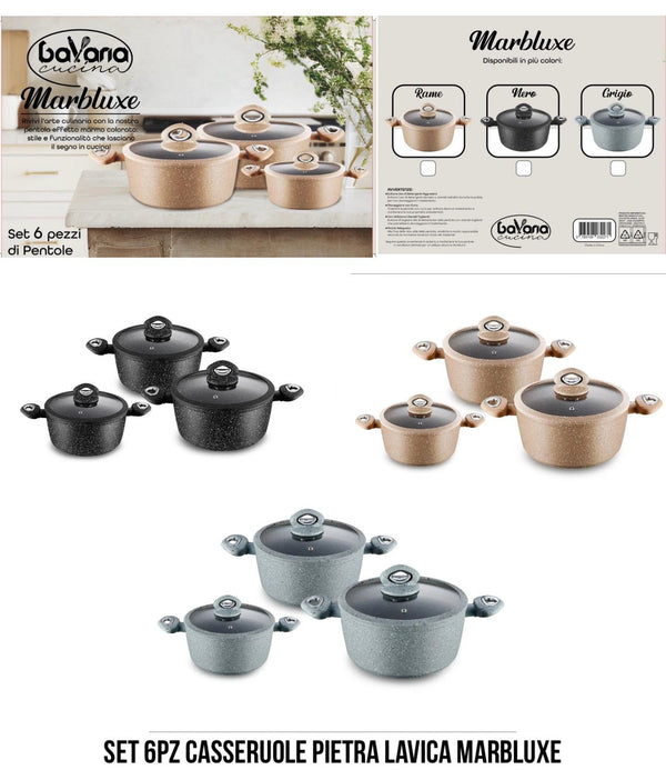 Set 6 pezzi casseruole con coperchi in vetro pietra lavica