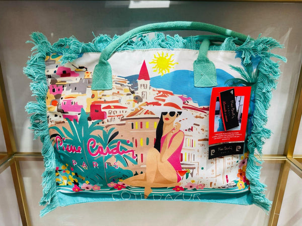 Borsa mare stampata con frange e ricamo Pierre Cardin