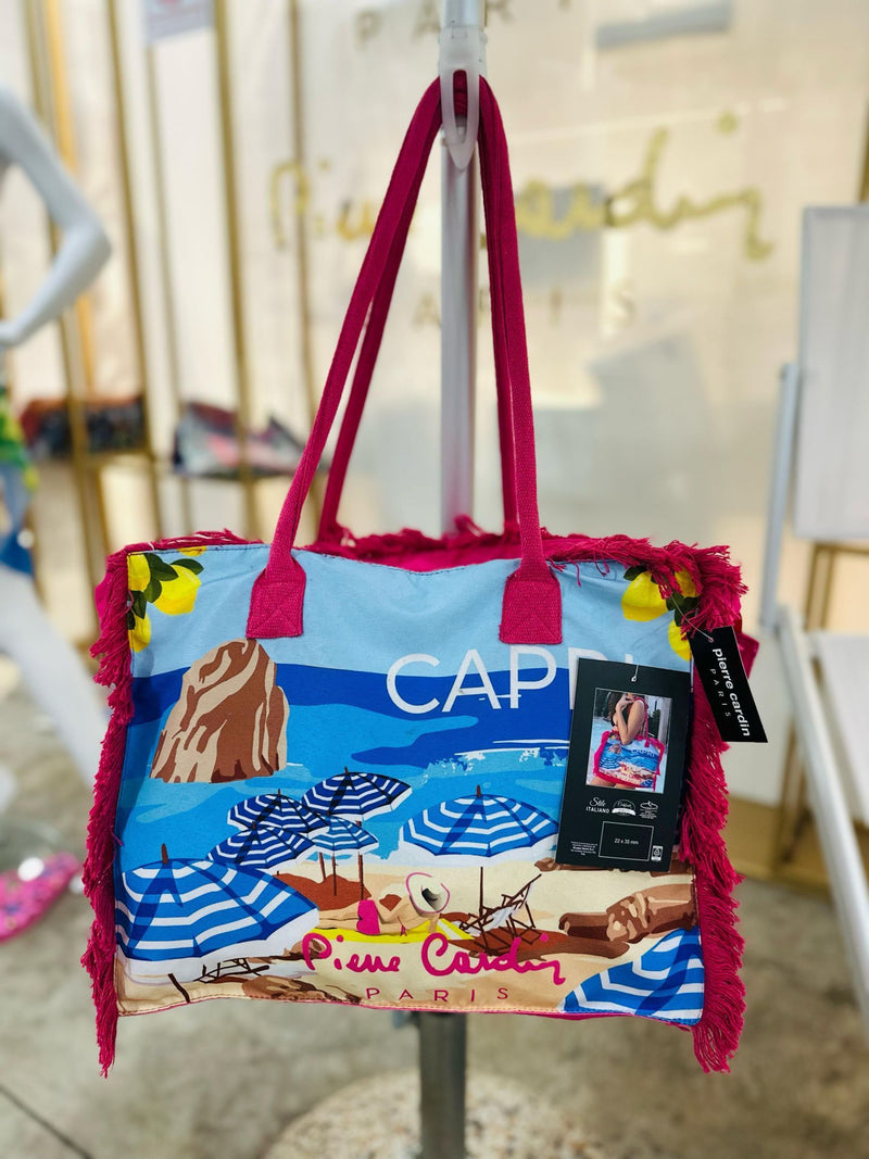 Borsa mare stampata con frange e ricamo Pierre Cardin