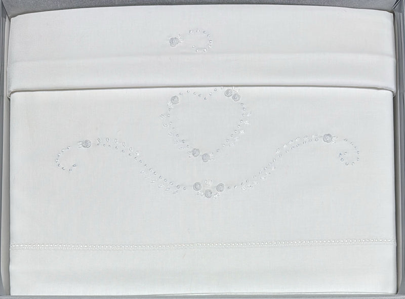 Coppia lenzuola lettino ÉLITE 100% puro cotone ricamati a mano scatolati  Made in Italy