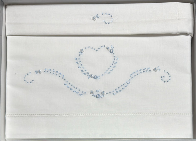 Coppia lenzuola lettino ÉLITE 100% puro cotone ricamati a mano scatolati  Made in Italy
