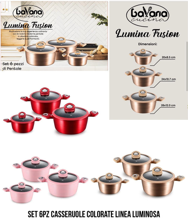 Set 6 pezzi Casseruole Colorate antiaderenti con coperchi in vetro