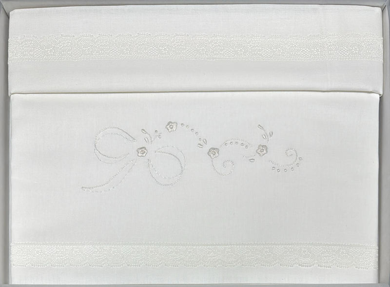 Coppia lenzuola lettino ÉLITE 100% puro cotone ricamati a mano scatolati  Made in Italy