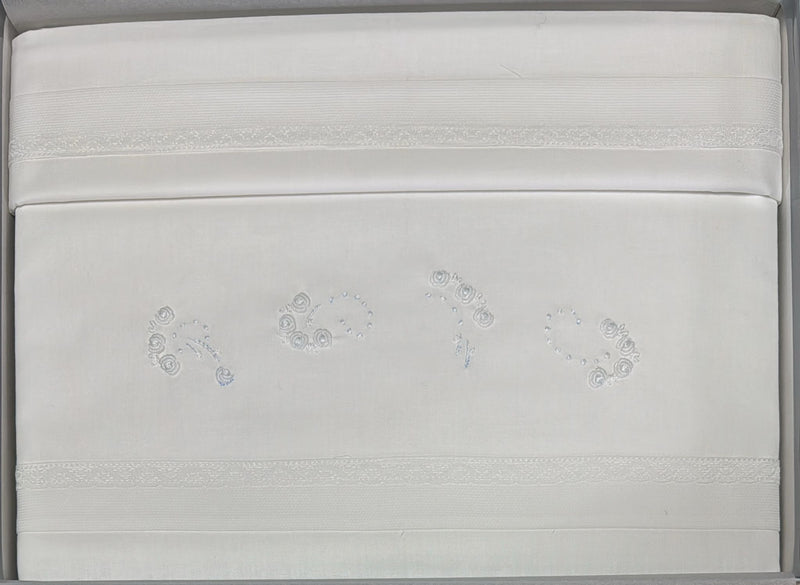 Coppia lenzuola lettino ÉLITE 100% puro cotone ricamati a mano scatolati  Made in Italy